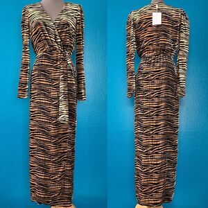WAYF Arlene Midi Maxi Wrap Dress in Velvet Striped Tiger Print XS